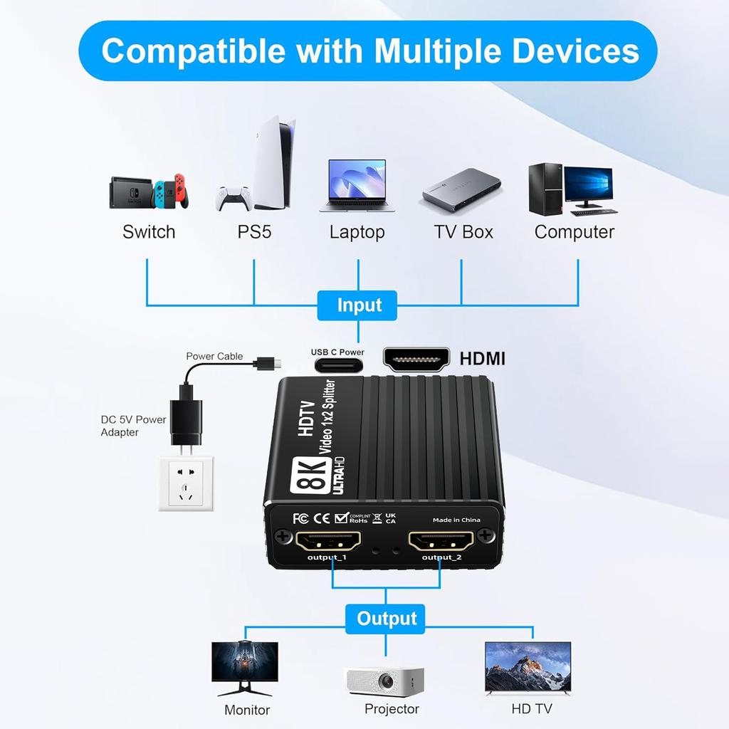 8K HDMI 1 to 2 Splitter HD2.1 8K60hz/4K120hz/1080P240hz with EDID Splitter 1x2