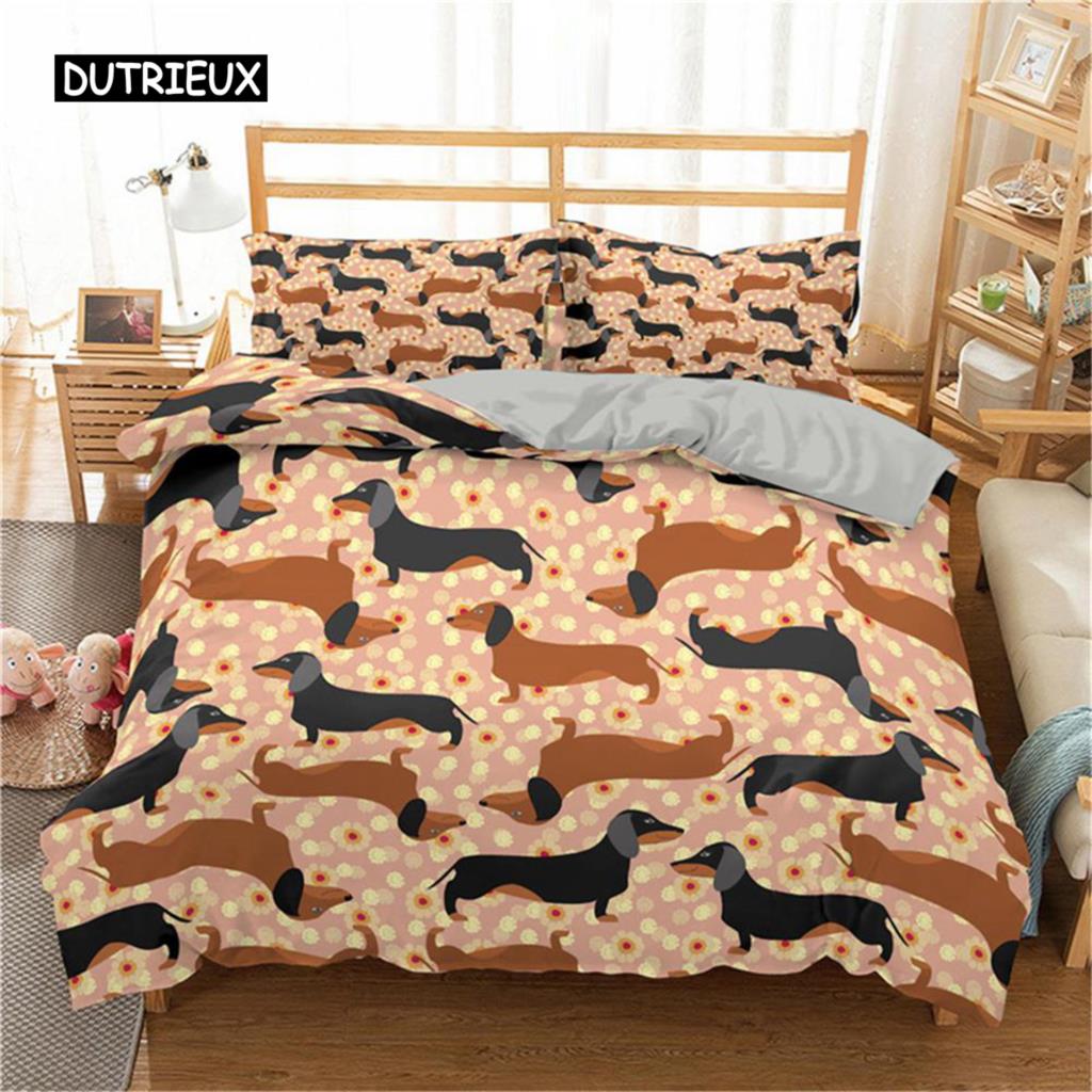 Cartoon Dachshund Bedding Set Cute Sausage Dog Duvet Cover Set Pet Puppy Printed Comforter Cover Animal Polyester Quilt Cover