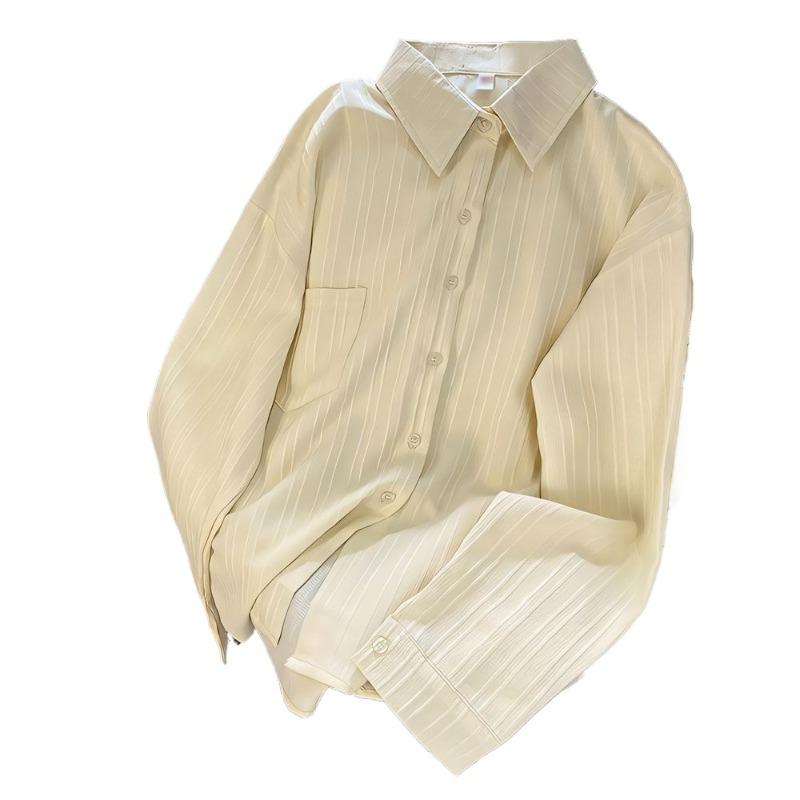 Solid Color Women's Shirt Striped Design Turndown Collar Single Breasted Pocket Famale Thin Shirts Summer Loose Casual Ladies Long Sleeved Top