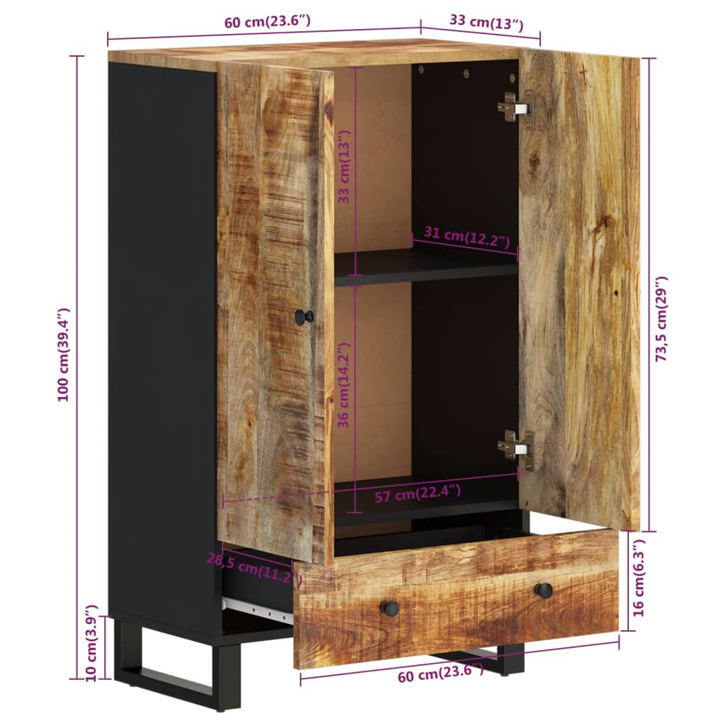 Highboard with Drawer 60x33x100 Cm Solid Mango Wood & Iron