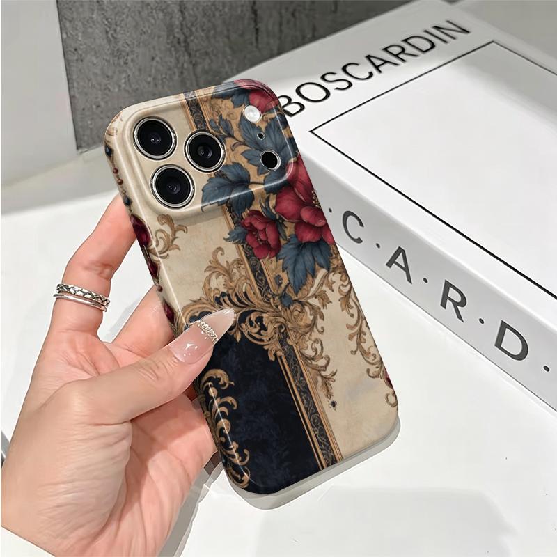 Opulent Premium Vintage Rose Baroque Damask Art Graphic Film Aesthetic Protective Shockproof Bumper Phone Case Cover For iPhone 14 15 16 Pro Max Plus