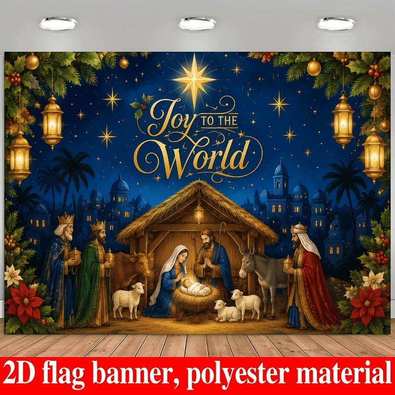 2D flat Christmas birth theme background fabric depicting the scene of the Christmas manger where Jesus was born. zyc