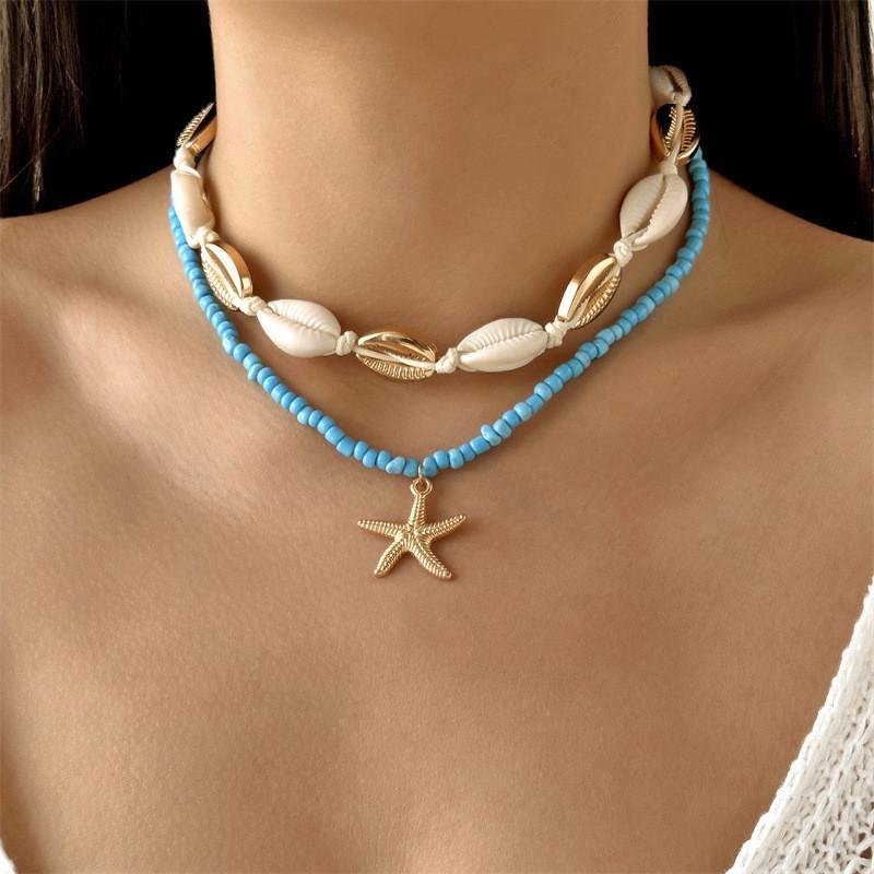 Bohemian Starfish Shell Bead Necklace With Layered Chain For Women