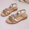 Fashion Bohemian Rhinestone Soft-soled Sandals for Women's Fashion Wear with Wedge Heels and Versatile Flat Beach Shoes
