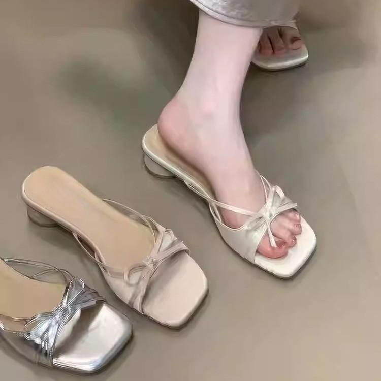 Gentle wind cool slippers 2025 new French temperament elegant thick heel one-word cool slippers women