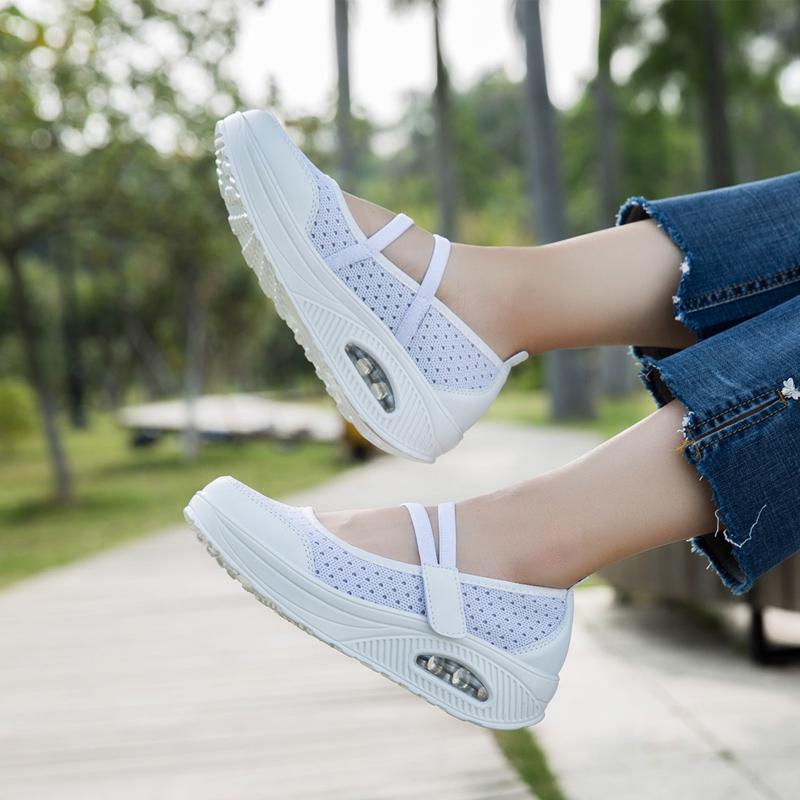 Women's Breathable Nurse Shoes Air Cushion Mesh Wedge Walking Shoes Hook & Loop Non-slip Lightweight Casual Footwear Thick Soled