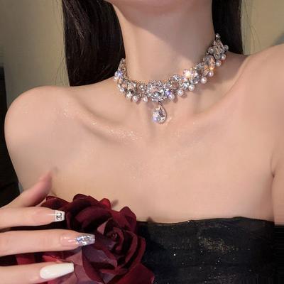 1PC Light Luxury Full Diamond Tassel Pearl Water Drop Flower Necklace Women, Fashion High Sense Luxury Collarbone Chain