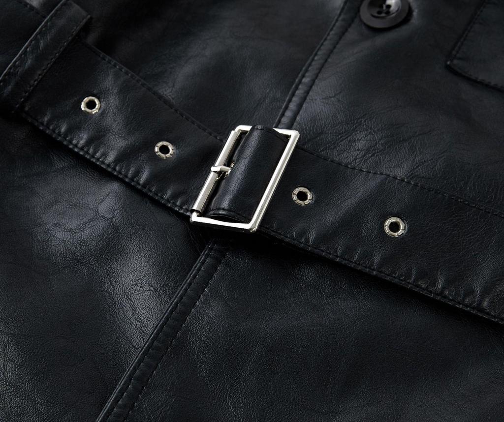 Herren Mittellanger PU-Leder Trenchcoat - Einreihige Reversjacke, Europäisch-Amerikanischer Stil Oberbekleidung