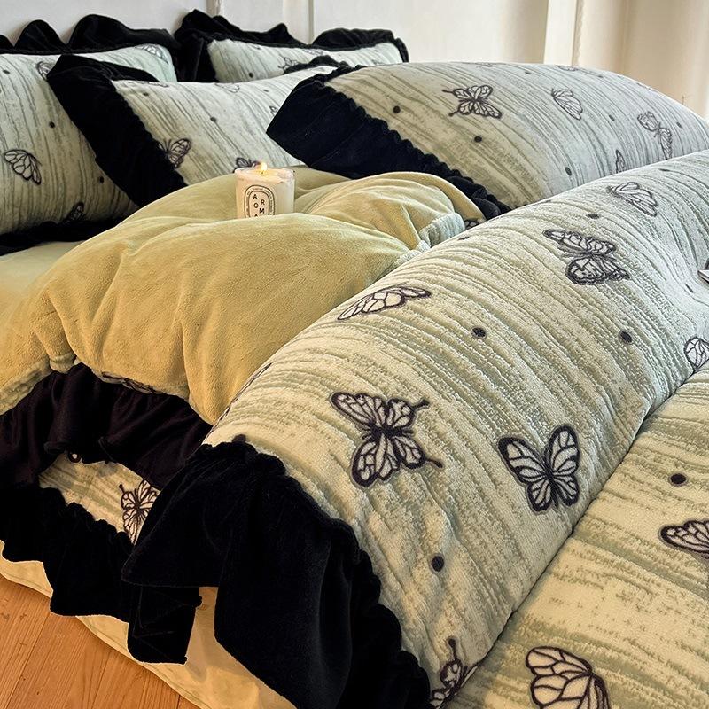 French Lace Thickened Milk Fleece Bed Four-Piece Set Double-Sided Fleece Quilt Cover Coral Fleece Princess Style Bed Sheet