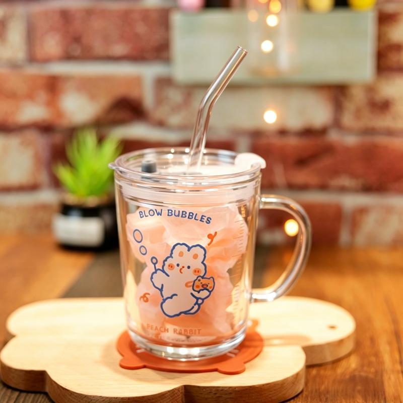 Children's Heat-Resistant Cute Cartoon Straw Glass Cup with Handle and Measurement Scale
