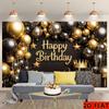 2D Luxury Black Gold Birthday Backdrop Banner King Crown Happy Birthday Party Decor Background