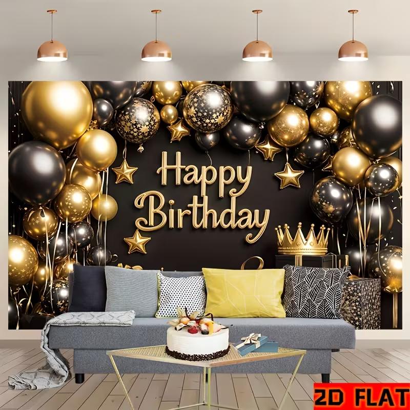 2D Luxury Black Gold Birthday Backdrop Banner King Crown Happy Birthday Party Decor Background