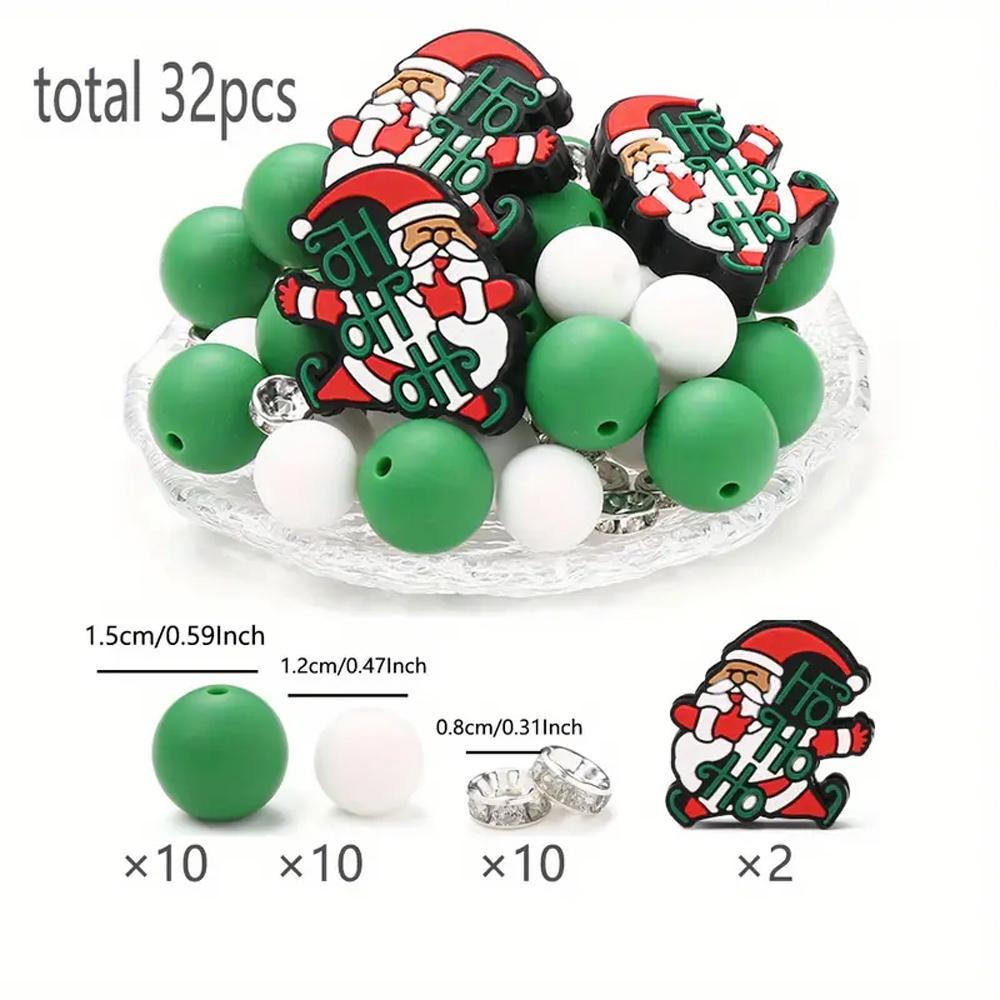 6/32PCS Multi-Size Christmas-Themed Silicone Beads Set, Perfect for DIY Crafting Keychains, Necklaces, Bracelets & More