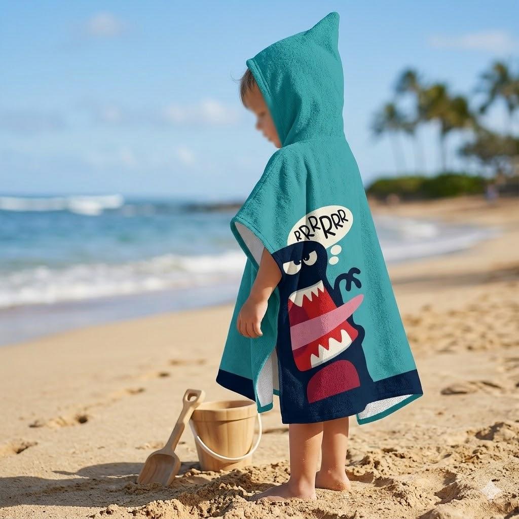 

Funny Cartoon Monster Hooded Towel Kids Flat Print Cute Beast Poncho Microfiber Quick Dry Bathrobe for Pool Beach Shower W30*H60(CM)