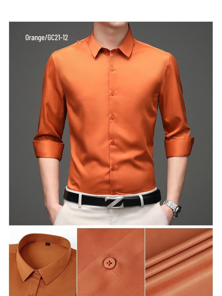 Men's Solid Color Iron-Free Stretch Korean Style Slim Fit Long Sleeve Business Casual Shirt - White