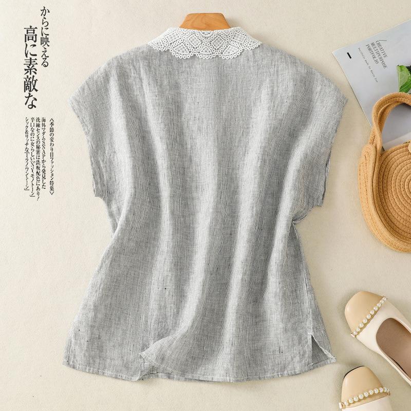 

Реальное лето новая хлопково-льняная/тяжелая промышленность кружево полый воротник футболка на четырех пуговицах с летящим рукавом женская 2XL