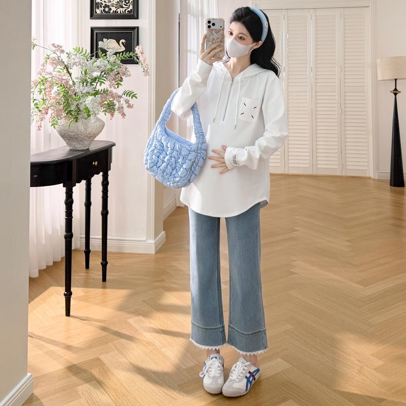 

2026 Spring Korean Style Hooded Maternity Top with Embroidery and Pockets L білий
