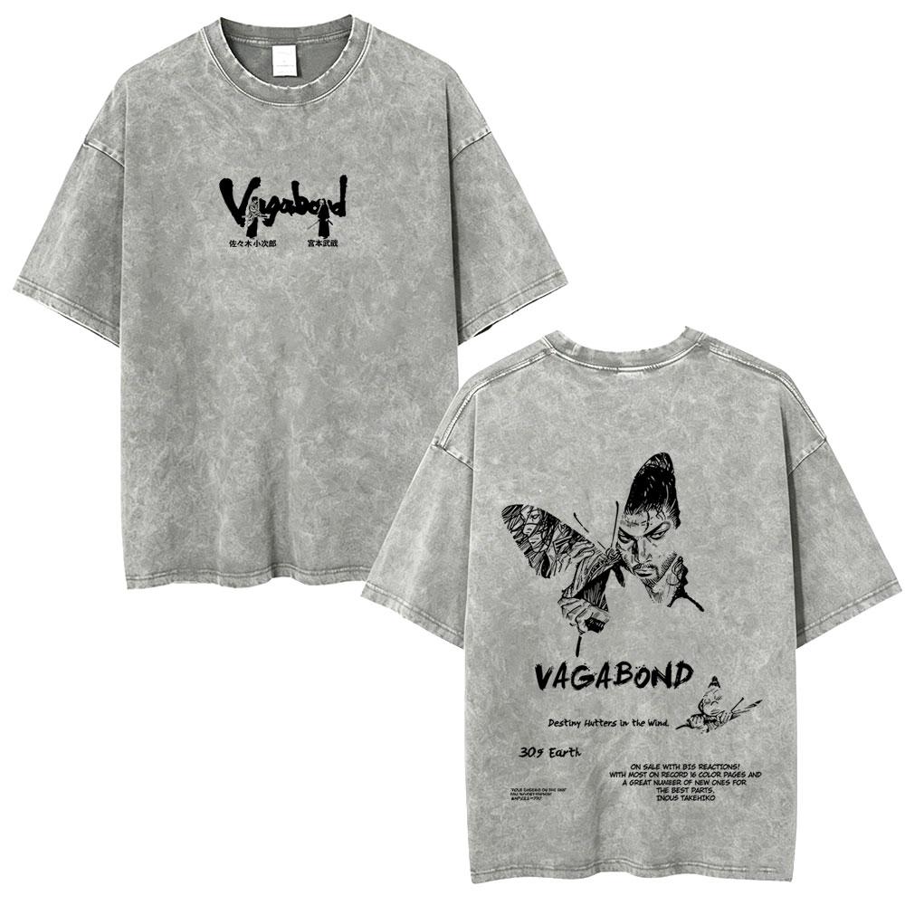 Gewaschenes Vintage Anime Vagabond Miyamoto Musashi Kirschblüten Grafik T-Shirt Herren Damen Lässiges Oversized T-Shirt 90er Jahre Streetwear