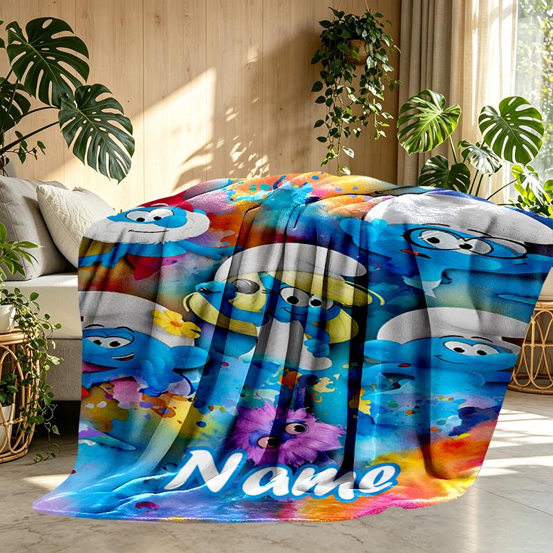 Custom Name Personalized Blue Smurfs Print Blanket, Home Decor, Bedroom, Sofa, Camping, Couch, Gifts for Birthday Christmas