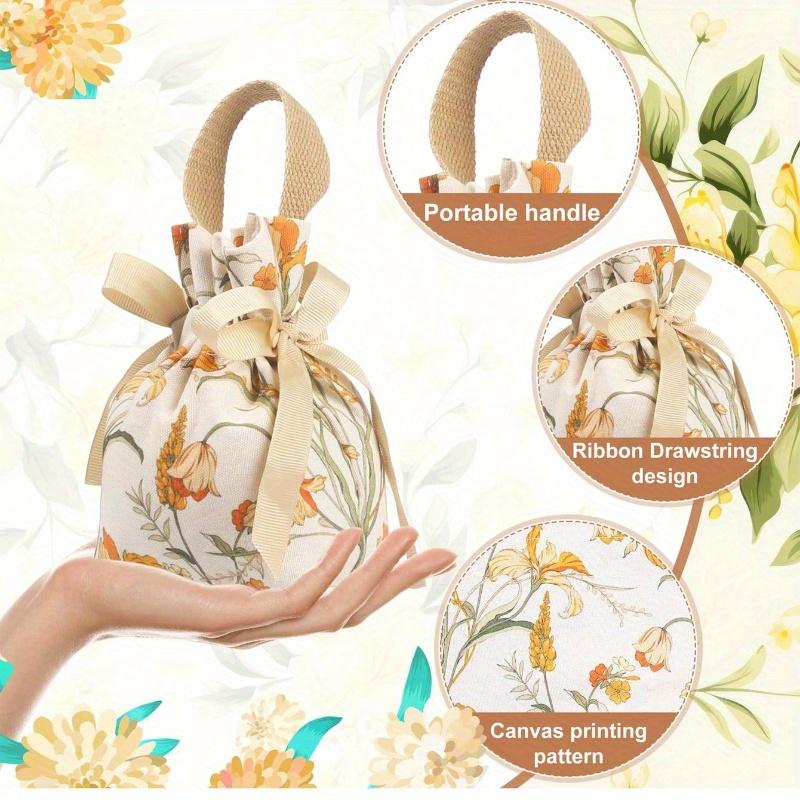 Floral Small Gift Bags with Handles, Small Flower Candy Bags, Tea Party Gift Bags, Jewelry Bags with Drawstring, Canvas Small Candy Bags