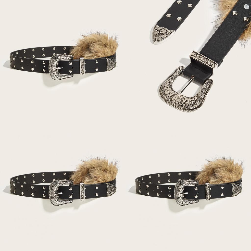 Statement Pu Leather Belt Artificial Fur Design And Carved Needle Buckle For Modern Street Fashion