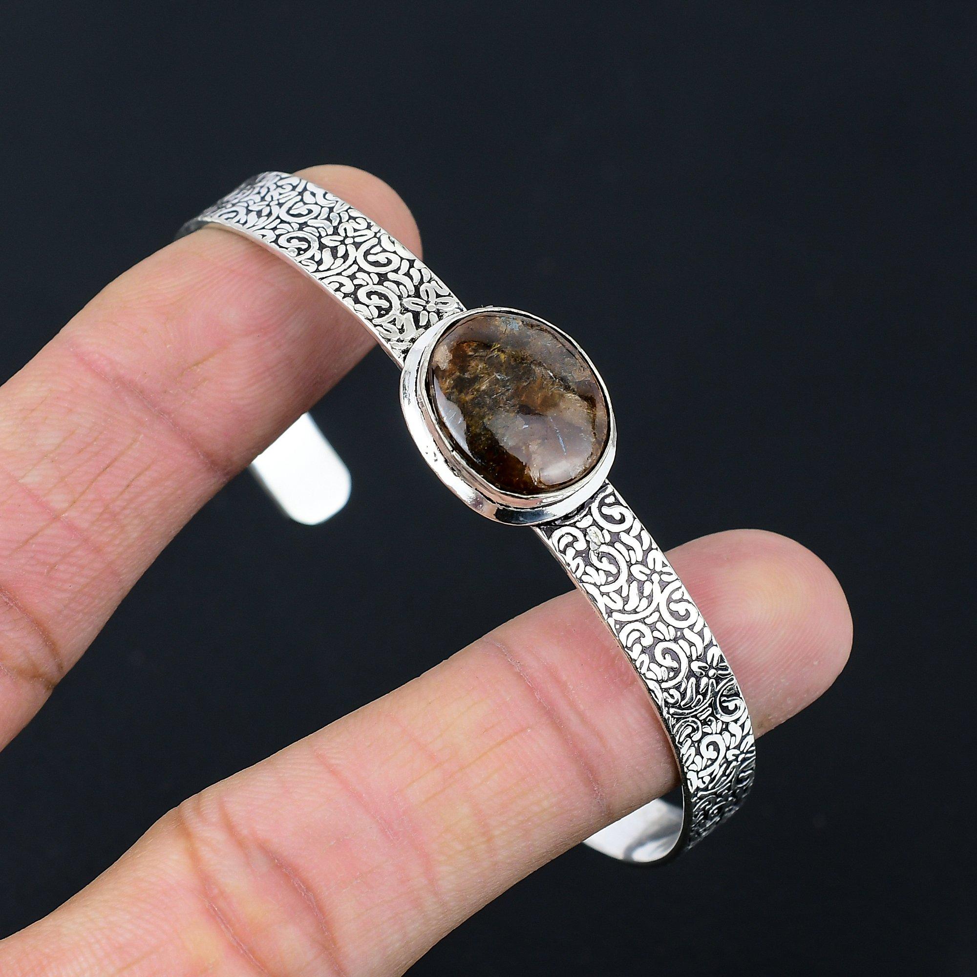 

День Дочери Сделка Стерлинговое Серебро Овальный Натуральный Бронзит Элегантный Браслет-Бэнгл Adjustable