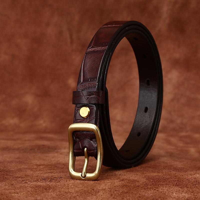 Fine Women's Belt Italian Retro Fashion All-Matching Decorative Genuine Cattlehide Leather Surface Pressure Crocodile Pattern Belt for Women