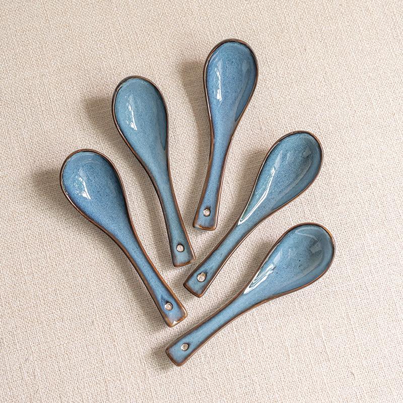 Creative Star Blue Ceramic Spoon Spoon Drinking Spoon Household Small Spoon Tableware Porridge Spoon Dessert Spoon Hotel Dining Spoon