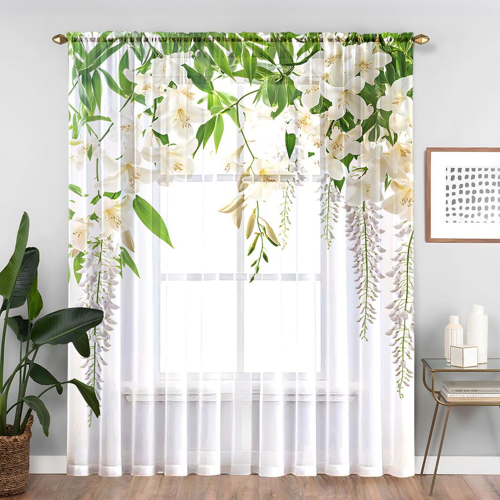 1PC Elegant Wisteria Flower Sheer Curtains - Purple Floral Design with Green Leaves, Rod Pocket Top for Living Room, Kitchen, Bedroom, Balcony