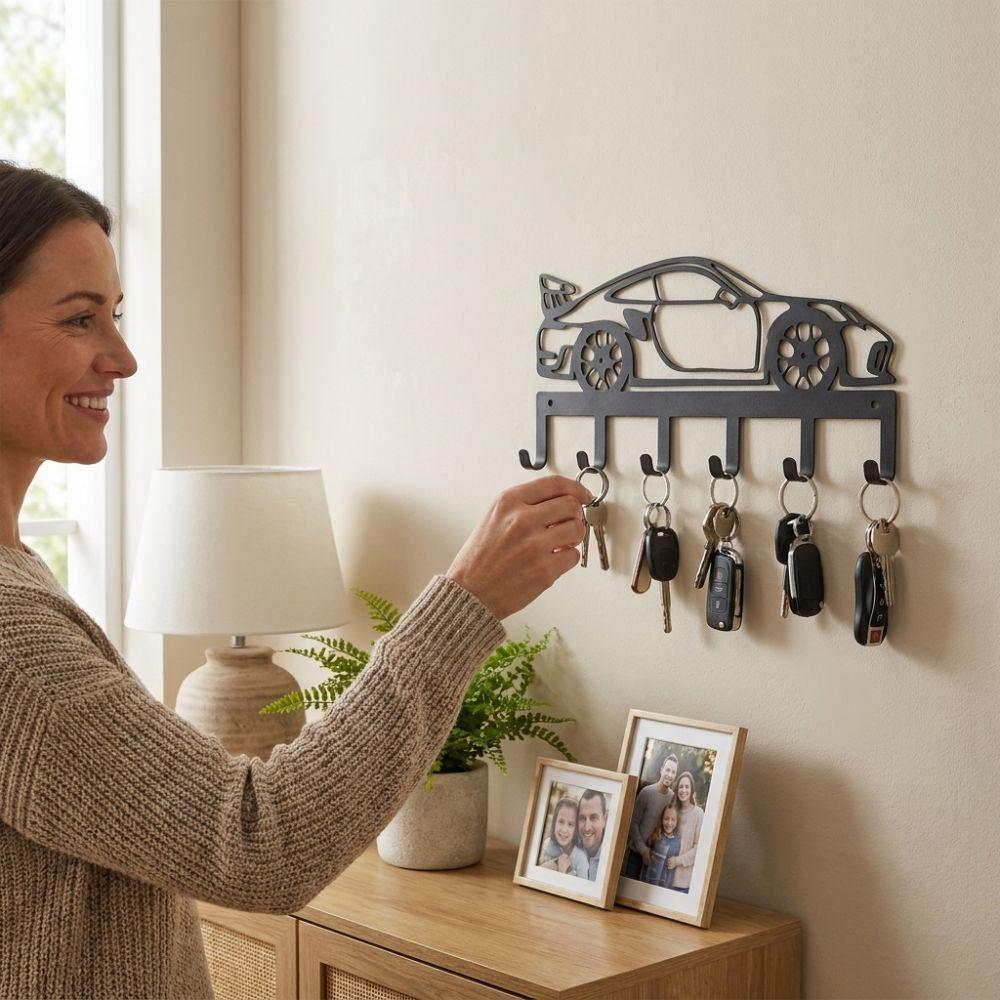 Sturdy 6 Hooks Metal Car Key Holder Black Minimal Cutout Race Car Hook Garage