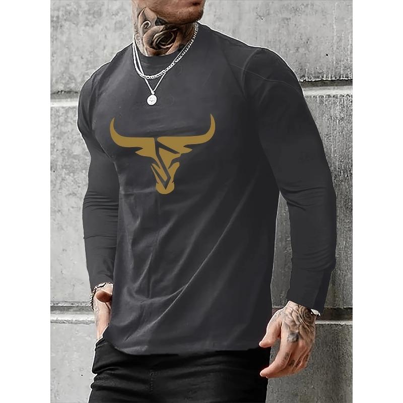 Men's Autumn Winter Loose Fit Plus Size Comfortable Casual Sports Bull Pattern Printed Round Neck Fashion Long Sleeved T-shirt