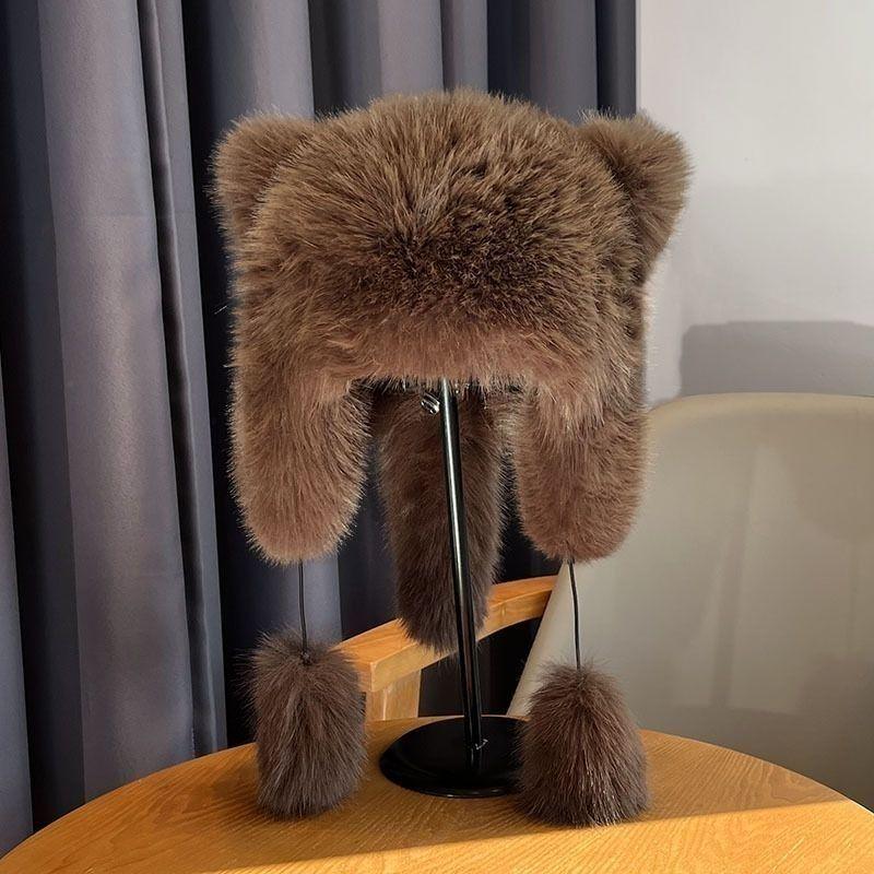 Women's Winter Fluffy Lei Feng Hat with Raccoon Tail and Faux Fur Ear Flaps