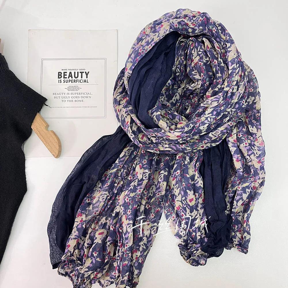 Vreovor Spring Autumn Thin Floral Scarf Women'S New Vintage Japanese Cotton Hemp Texture Silk Summer Sunscreen Headscarf Beach