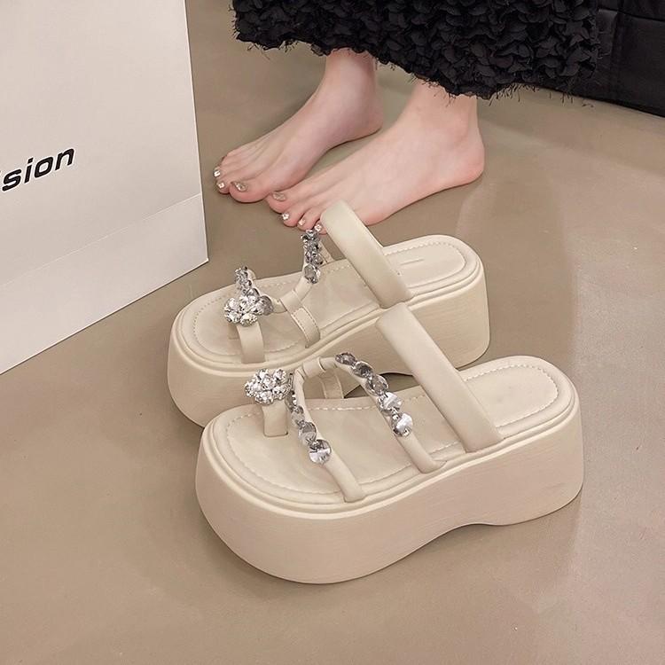 

Fashion cover with skirt, toe rhinestone high-heeled sandals for women s summer wear, new muffin thick-soled heightening cool slippers 40