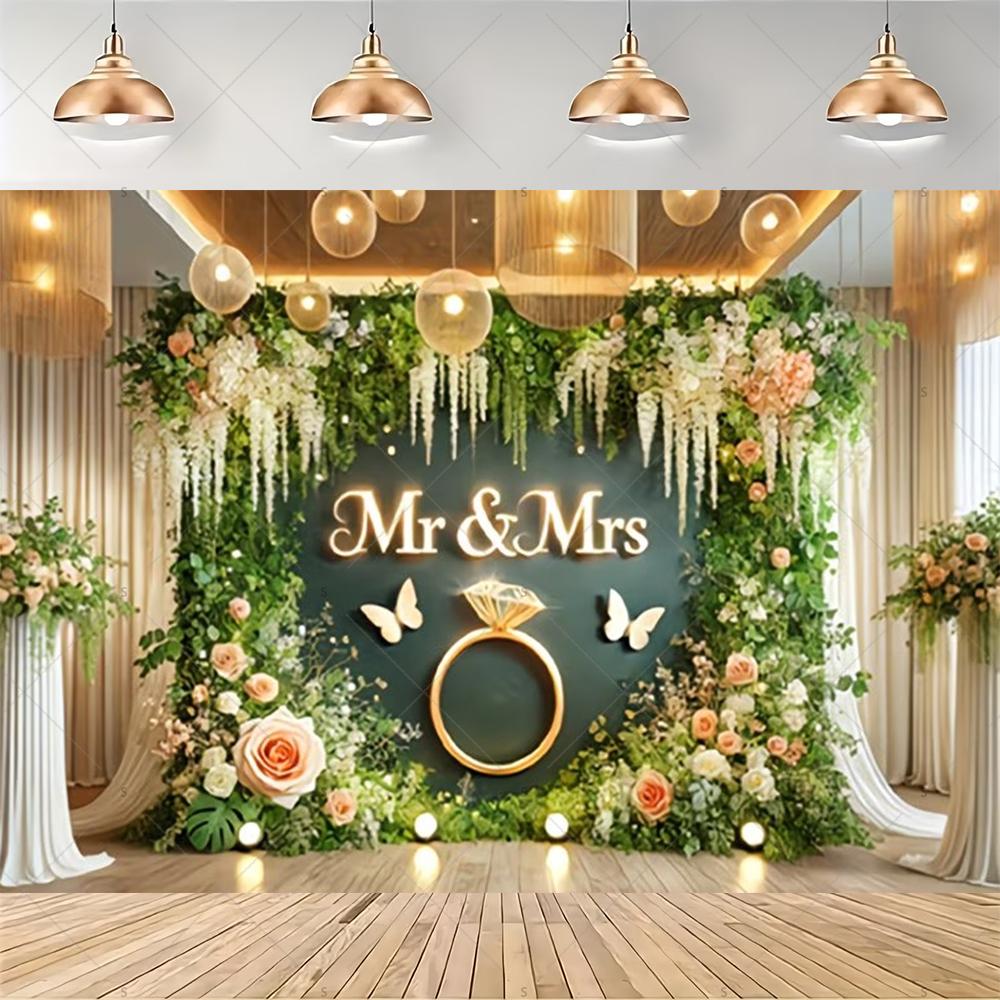 Elegant floral garland, Mr & Mrs theme, gold background, ribbon, wedding party decoration, backdrop, photography supplies2091