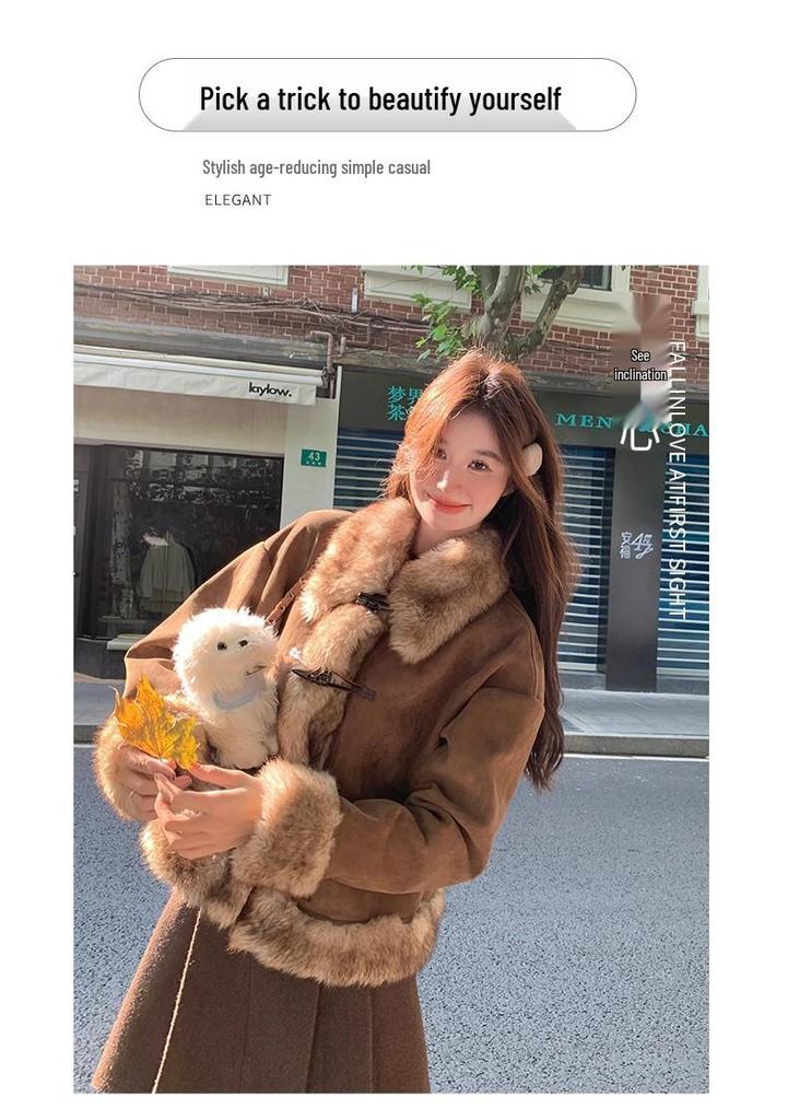 Women's Retro Suede Fur-Trim Horn Buckle Jacket - 2025 Autumn/Winter Collection