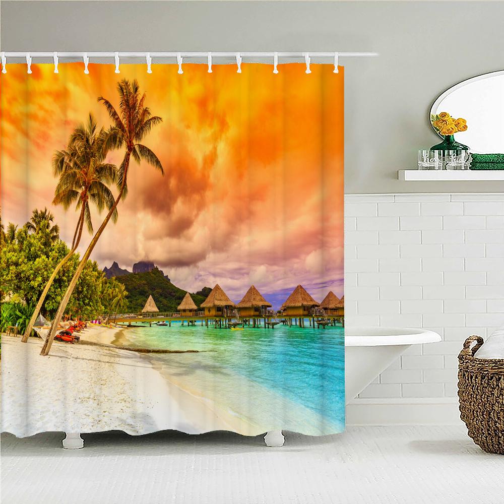 Sunset Dusk Beach Palm Tree Seaside Scenery Fabric Shower Curtain Waterproof Bath Curtains For Bathroom Decorate With 12 Hooks