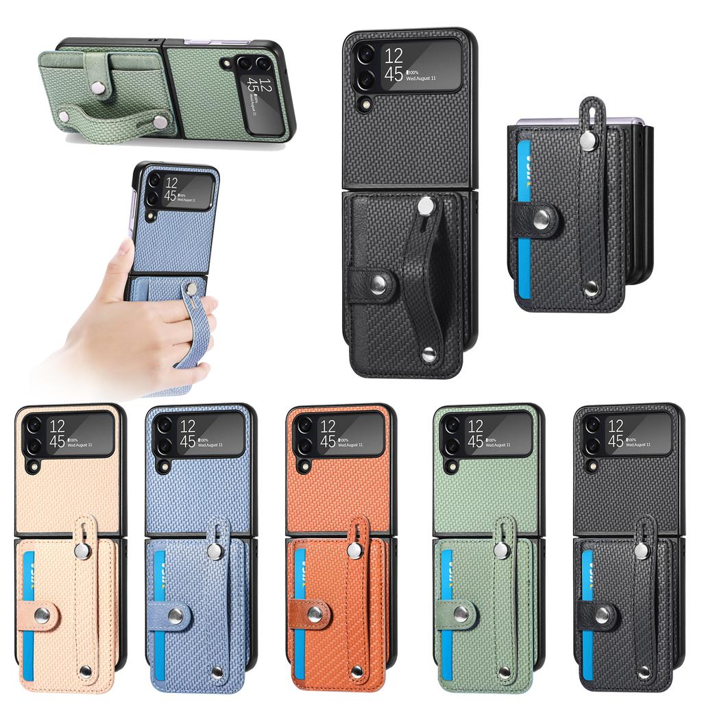 For Samsung Z Flip 4 Portable Wristband Carbon Fiber Case For Samsung Galaxy Z Flip 4 5 5g Flip4 Zflip4 Card Holder Bag