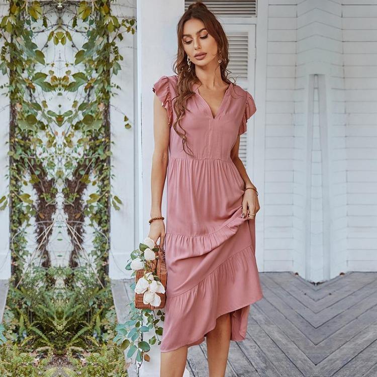 Sexy V-hals A-linjekjole Vår Sommer Ferie Fritid Ensfarget Flygeermer Kjoler S XL