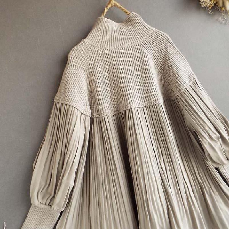 Available: 2026 Japanese Knit Patchwork High Neck Lantern Sleeve Top for Spring, Autumn, and Winter.