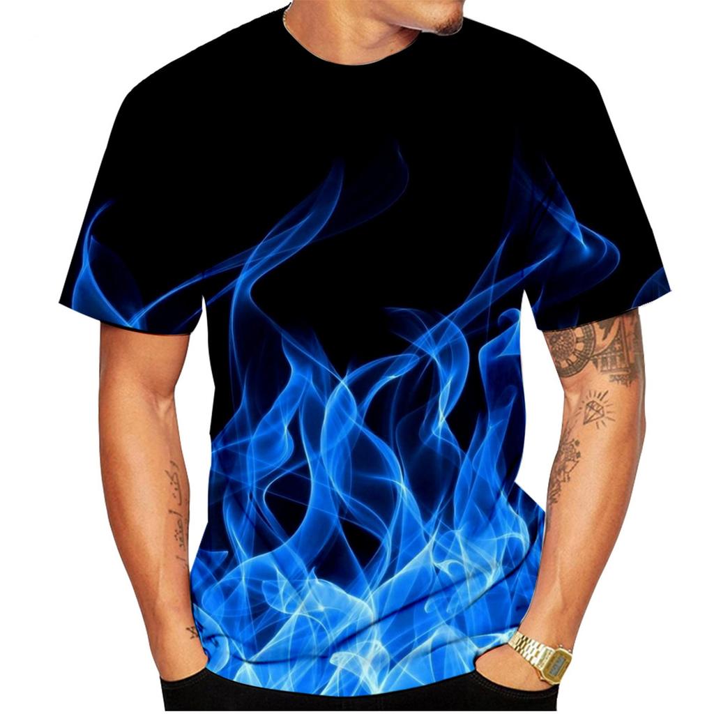 New fashionable colorful flame 3D printed t-shirt for men, summer casual short sleeves