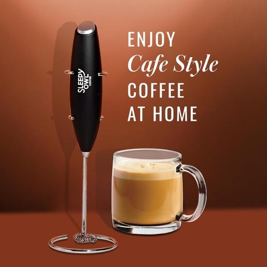Sleepy Owl Powerful Milk Frother for Coffee | Black Color | Battery Operated Electric Frother | Stainless Steel Whisk with Frother Stand