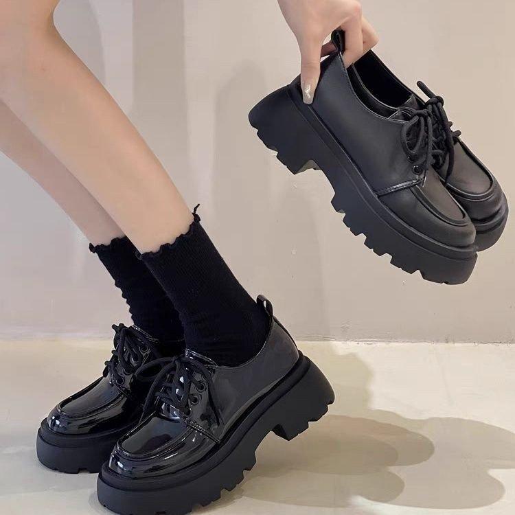 British Style Thick-soled Heightening Small Leather Shoes, New Spring Lace-up Black Single Shoes Muffin