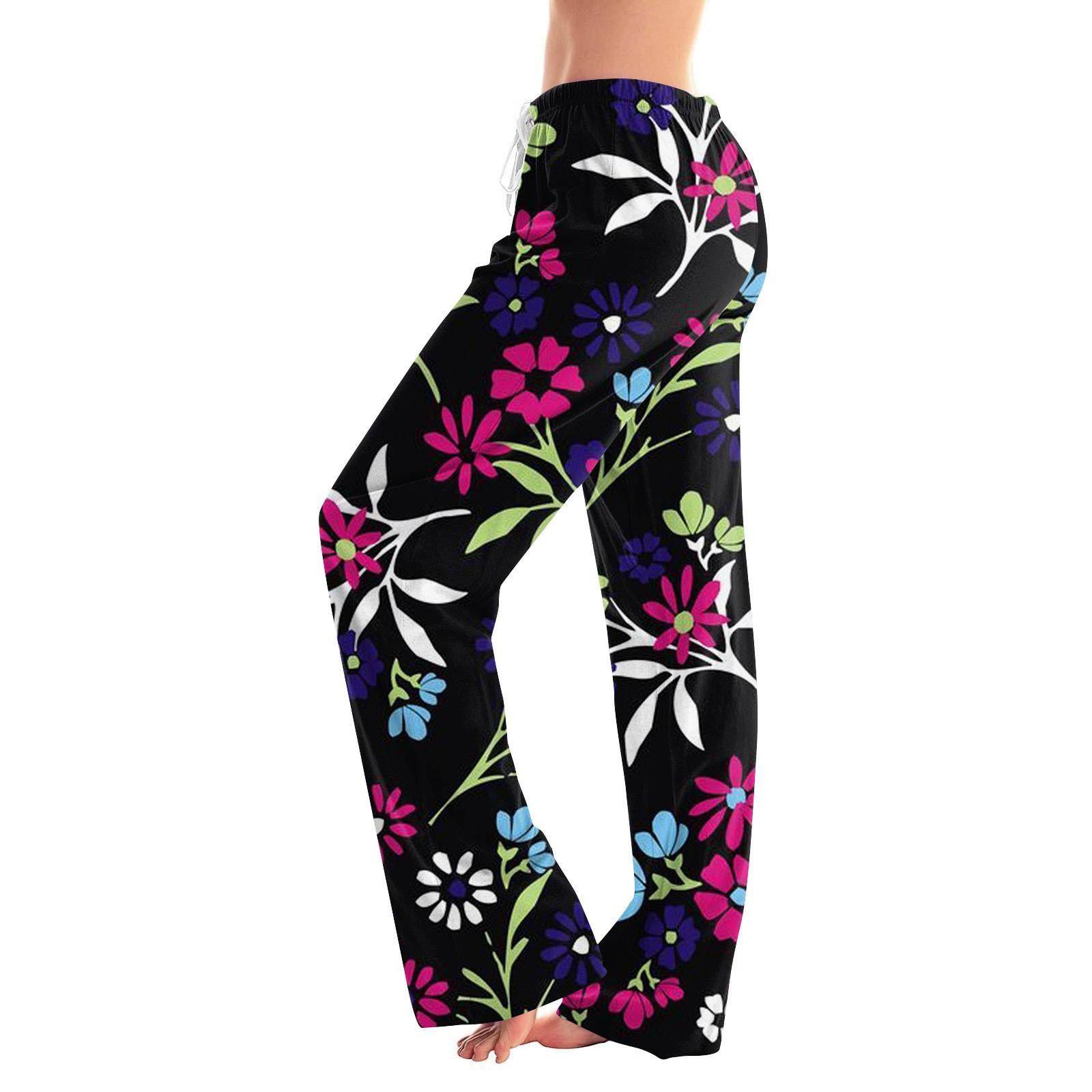 Women s Fashion Loose Casual Floral Printed Casual Pants L чёрный