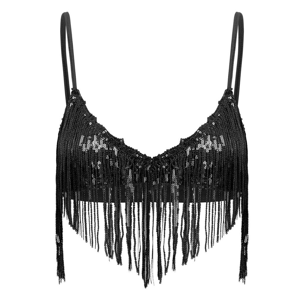 Womens Shiny Sequin Tassel Bra Tops Swing Sequin Fringe No Pad Wireless Bralette Bra Clubwear Dancewear