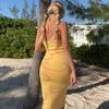Sexy Knitted Midi Dress Women Halter Neck Summer Yellow Sleeveless Dress Backless Party Beach Casual Sundress