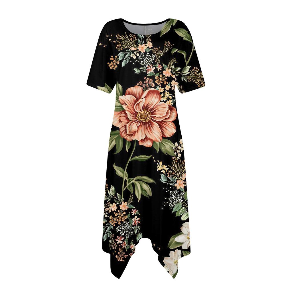 Damen Casual Mode Rundhals Kurzarm Druck Unregelmäßiger Saum Midi-Kleid