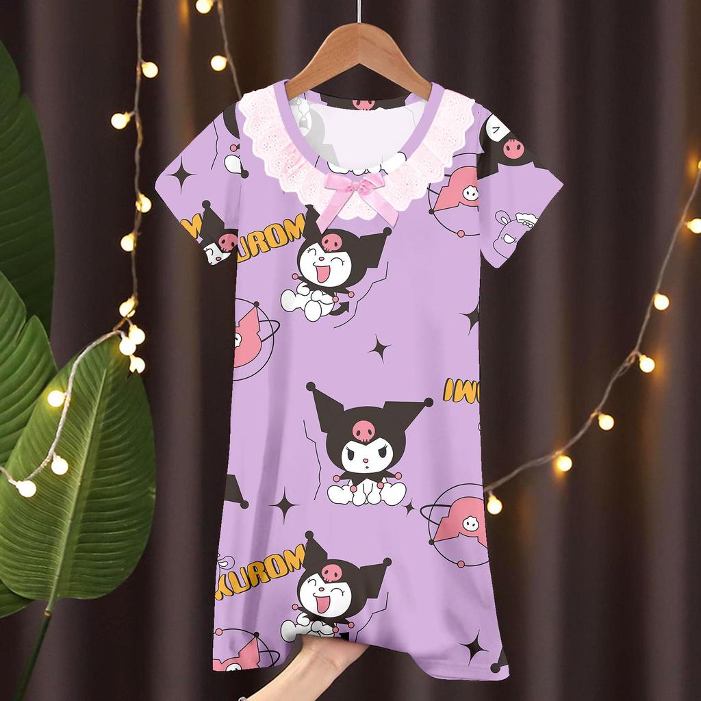 Lace Short Sleeve Cartoon Nightgown for Girls - Summer Pajamas