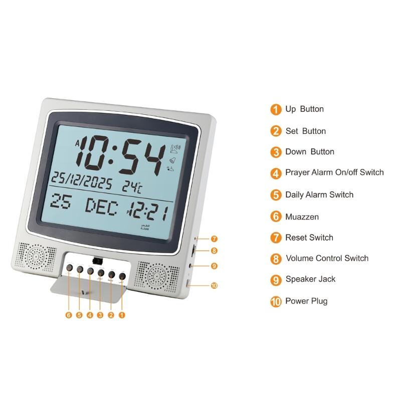Wall Desktop Placement Prayer Digital LED Azan Clock with Temperature Monitor Calendar Multifunction Alarm Clocks