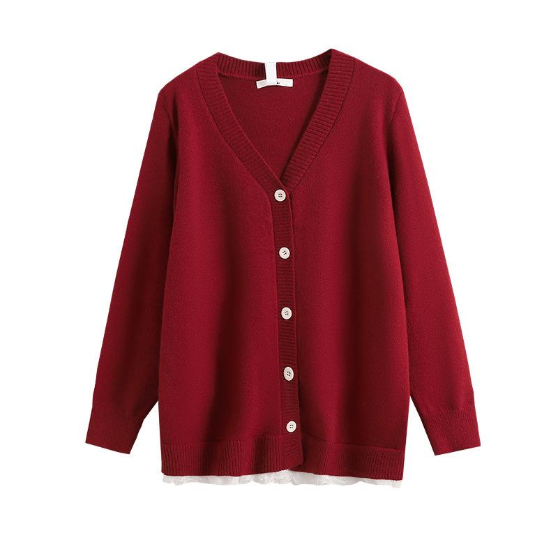Nuovo Cardigan a Maglia da Donna Autunno-Inverno Taglia Larga con Ricamo in Pizzo e Scollo a V come Strato Base per Capispalla